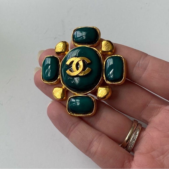 CHANEL  Brooch Glossy Teal Cross Geometric Gold Metal 97P 1997 Reworked READ!!! - Picture 14 of 14